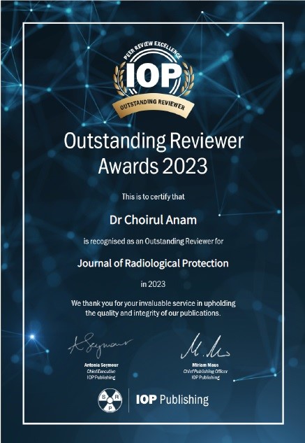 Outstanding Reviewer Awards for Dr. Anam from Journal Of Radiological Protection (JRP)